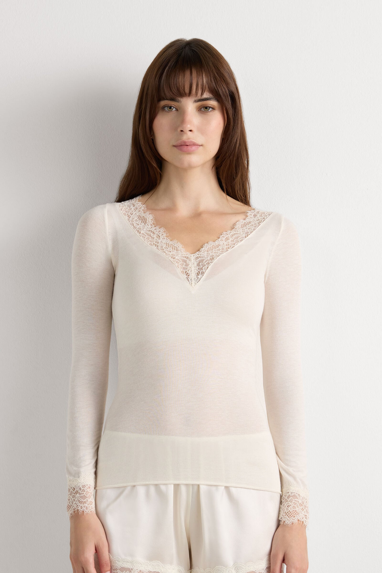 Lace Trim Long Sleeve Top in Ultralight Cashmere | Intimissimi | Intimissimi (US)