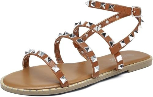 katliu Women's Flat Sandals Strappy Studded Sandals Gladiator Sandals with Ankle Strap Dark Brown 6.5 | Amazon (US)