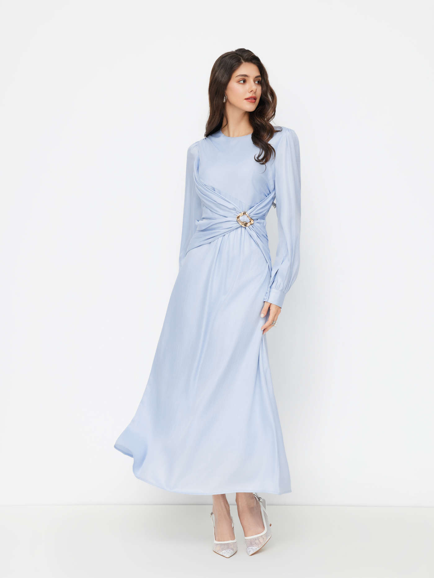 Round Neckline Lantern Long Sleeve Metal Button Ruched Maxi Dress | Cider