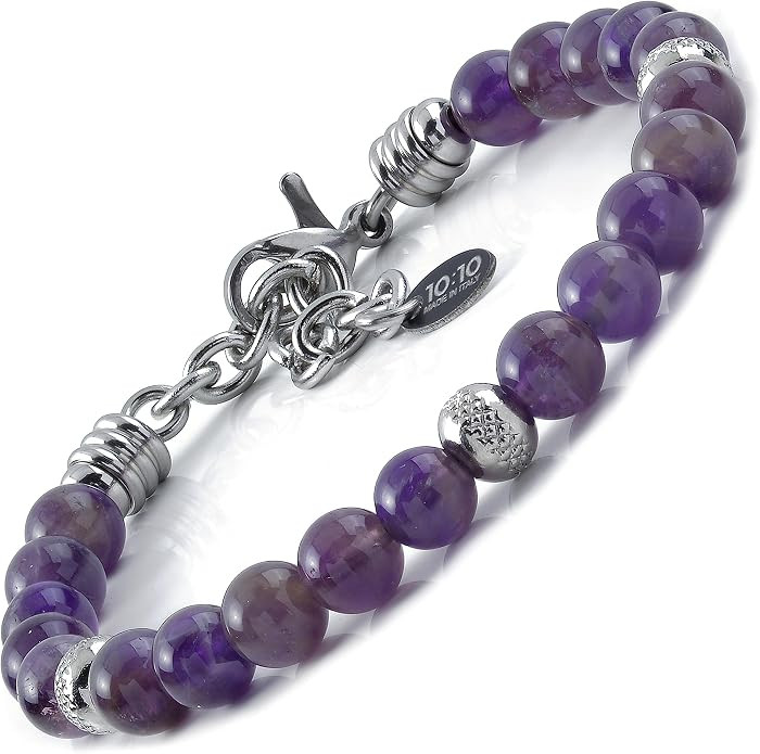 10:10 Beaded Bracelet for Men and Women – Natural Amethyst Gemstones and Stainless Steel – Ad... | Amazon (US)