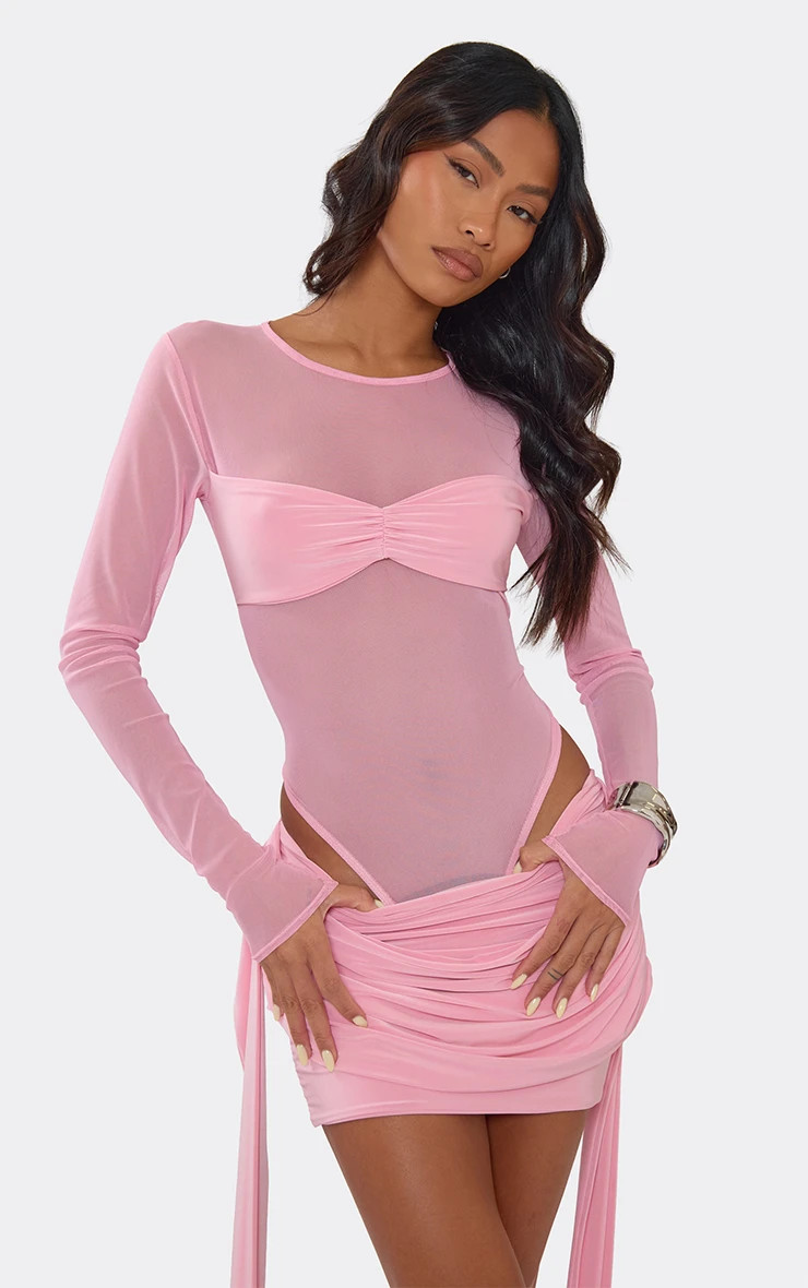 Long Sleeve Slinky Bust Panel Bodysuit In Baby Pink Mesh | EGO Shoes (US & Canada)