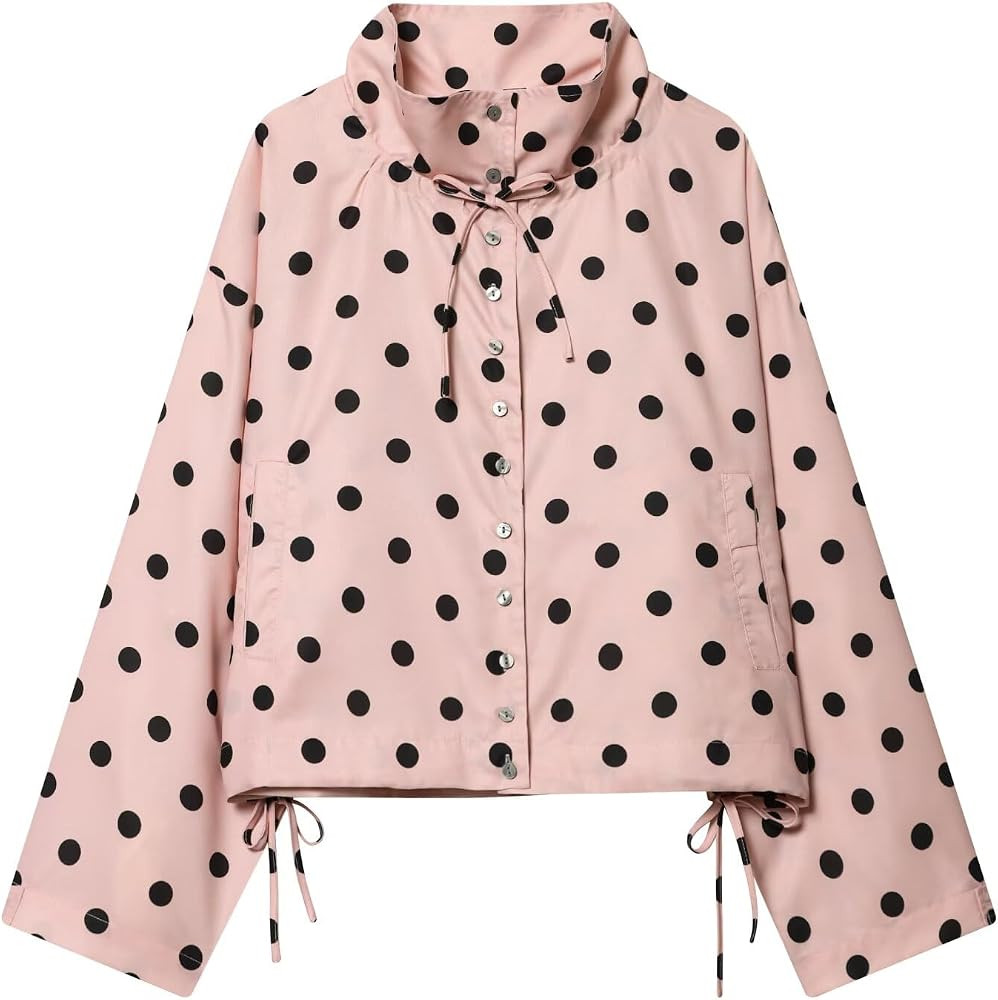Womens Polka Dot Button Down Jacket Stand Collar Long Sleeve Cropped Coat Adjustable Hem Cute Tre... | Amazon (US)