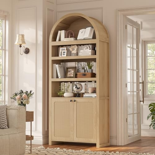 81" Tall Arched Cabinets,Bookcase with storage,Mid-Century Modern 6-Tier Bookshelf with Door,2 Book Risers and Adjustable Shelves offering more storage space for Living Room,Kitchen,Home Office,Oak | Amazon (US)