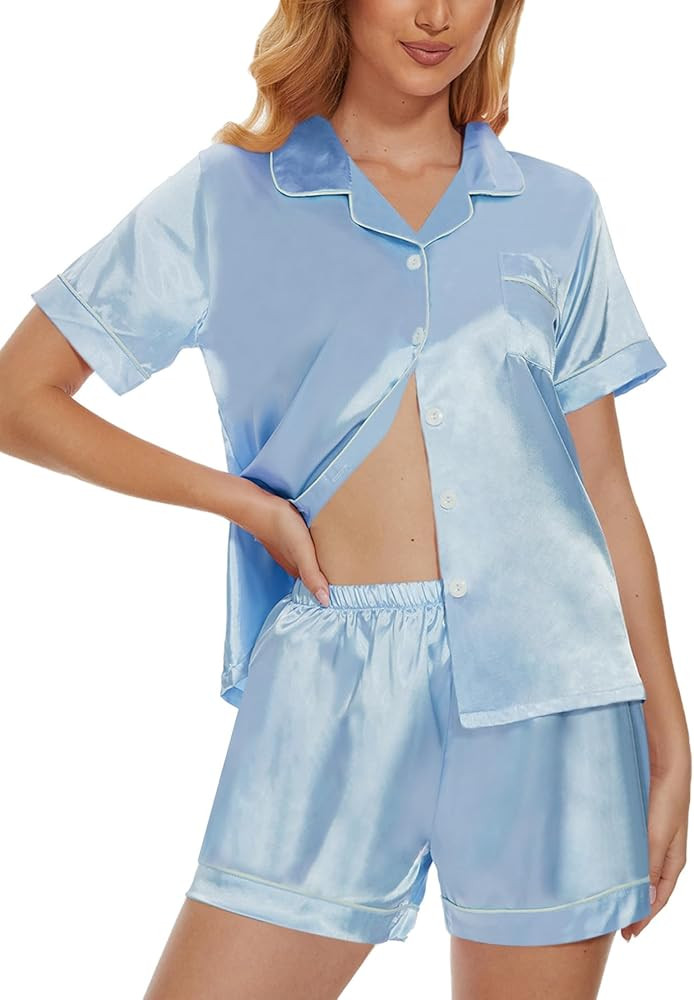 YIJIU Womens Silk Satin Pajamas Set Short Sleeve Sleepwear Soft Button Down Loungewear Two-piece ... | Amazon (US)