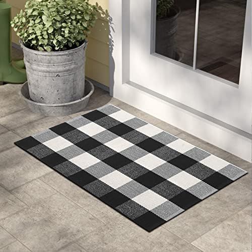 Buffalo Plaid Outdoor Rug Doormat 24'' x 35'', KIMODE Black/White Checkered Farmhouse Cotton Woven I | Amazon (US)