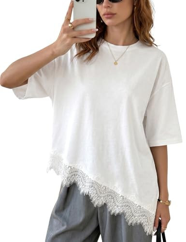 Wyeysyt Asymmetrical Tops for Women Lace Trim T-Shirt Tee(White-L) | Amazon (US)