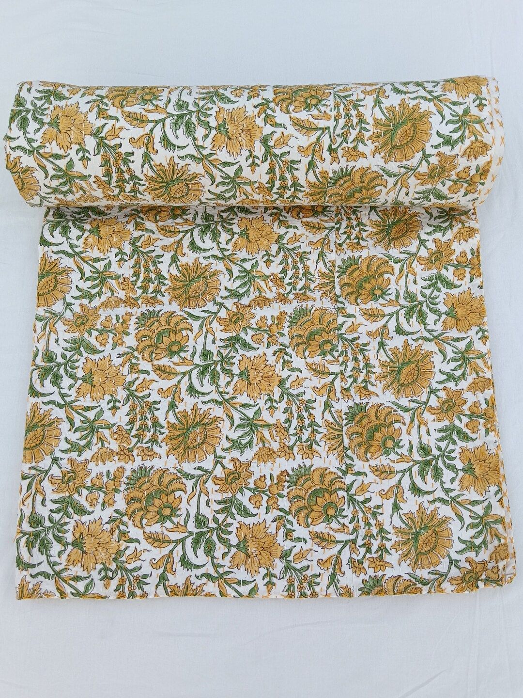 Green floral Kantha Quilt Handblock Print floral Kantha indian block quilt pink floral blanket In... | Etsy (US)
