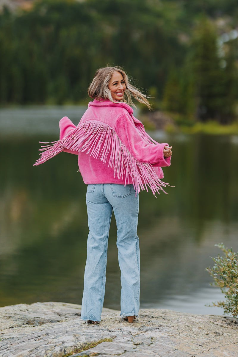 BuddyLove | Skylar Fringe Faux Fur Jacket | Hot Pink | BuddyLove