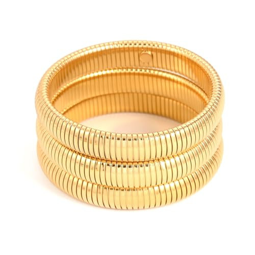 ORIGENCE Bangle Bracelets for Women Chunky Gold Stretch Bangle Bracelets Chunky Snake Chain Bracelet 18K Gold Plated Stack Stainless Steel Bracelet for Women Flexible Wristband Bangle Set | Amazon (US)