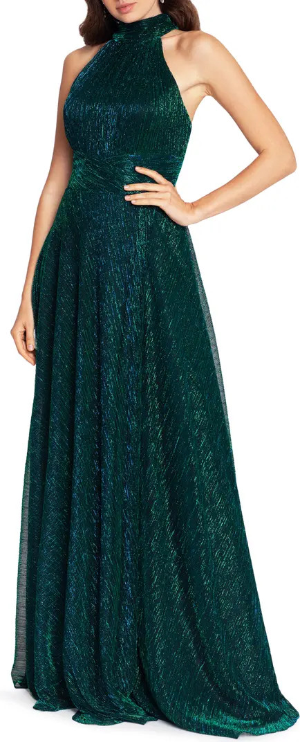 Metallic Sleeveless Halter Neck Open Back Gown | Nordstrom