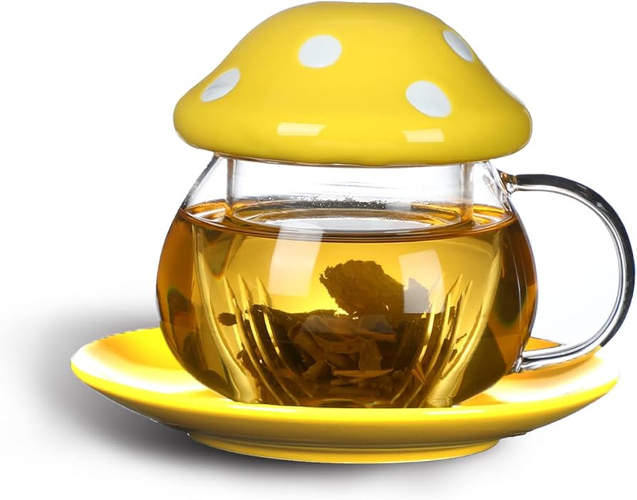 Aboyer Mushroom Cup Cute Glass Tea Cup with Infuser and Lid Kawaii Mushroom Mug Set Coffee Teapot... | Amazon (US)