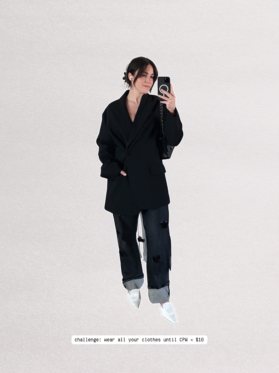 Day 5 of the Cost Per Wear Challenge 🧾 Wearing my closet until every piece is <$10 per wear. A very @tibi look today.

blazer @tibi
dress @tibi
jeans @agolde
shoes @tibi
bag @chanelofficial 
pearl hoops @linjerco
double hoops @analuisany 
flower clip @amazonfashion