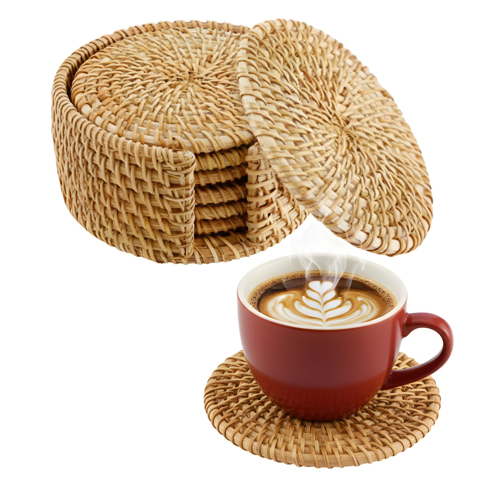 Handwoven Rattan Coasters Set of 6 for Drinks, Boho Wood Cup Coasters with Holder for Tabletop Pr... | Amazon (US)