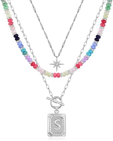 MJartoria Layered Initial Necklaces for Women | 14K Gold Plated Brass, Star Choker, Colorful Bead... | Amazon (US)