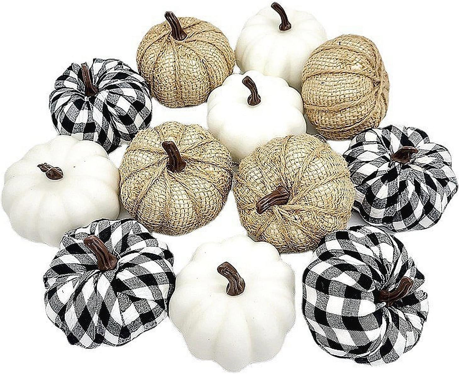 12PCS Artificial Pumpkins Fall Decor,Fake Pumpkins Set, Burlap and Plaid Foam Pumpkins Plastic Pu... | Walmart (US)