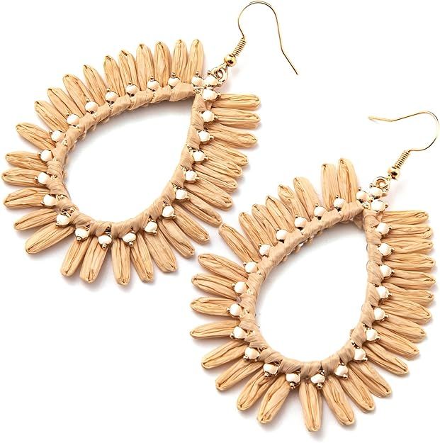 Boho Raffia Teardrop Earrings for Women - Handmake Statement Raffia Dangle Earrings, Summer Beach... | Amazon (US)