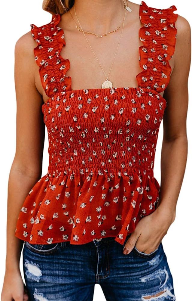 Sidefeel Women Tie Shoulder Frill Smocked Crop Tank Top Strap Vest | Amazon (US)