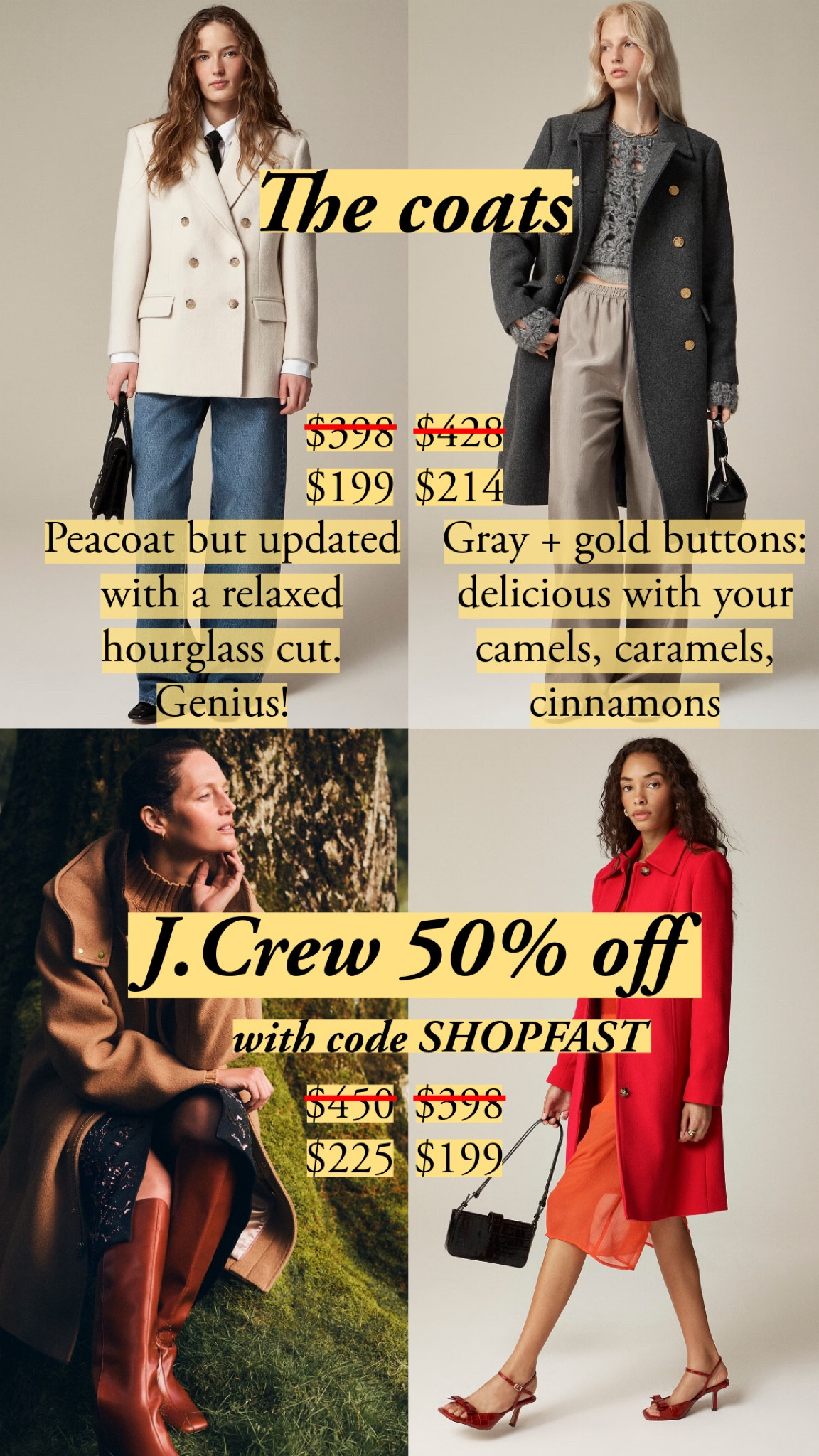 Discount code: SHOPFAST for 40-50% off

J.Crew’s Black Friday preview: the coats. 

Lots of my favorites here, and I love the relaxed hourglass peacoat so much. I appreciate that J.Crew rates the coats for weather/warmth. 

I’ve seen most of them in the store. The styles here impressed me a lot. 

#coat #tailoring #classicstyle

#LTKSeasonal #LTKSaleAlert #LTKHoliday