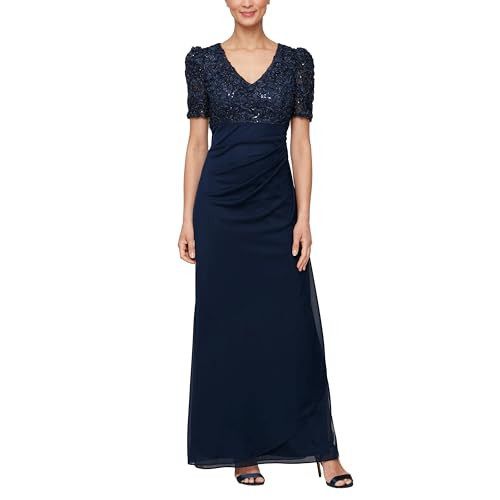 Alex Evenings Long Women's Wedding Guest Dress with V-Neck Stretch Sequin Bodice and Empire Waist (Petite and Regular Sizes), Navy Soutache Puff, 10 | Amazon (US)