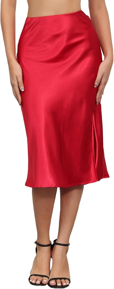 ALCEA ROSEA Women High Waist Silky Satin Midi Skirt Elastic Waist A Line Skirt with Slit | Amazon (US)