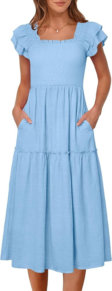 Caracilia Womens Summer Maxi Dress 2026 Casual Ruffle Short Sleeve Square Neck Smocked Flowy Sund... | Amazon (US)