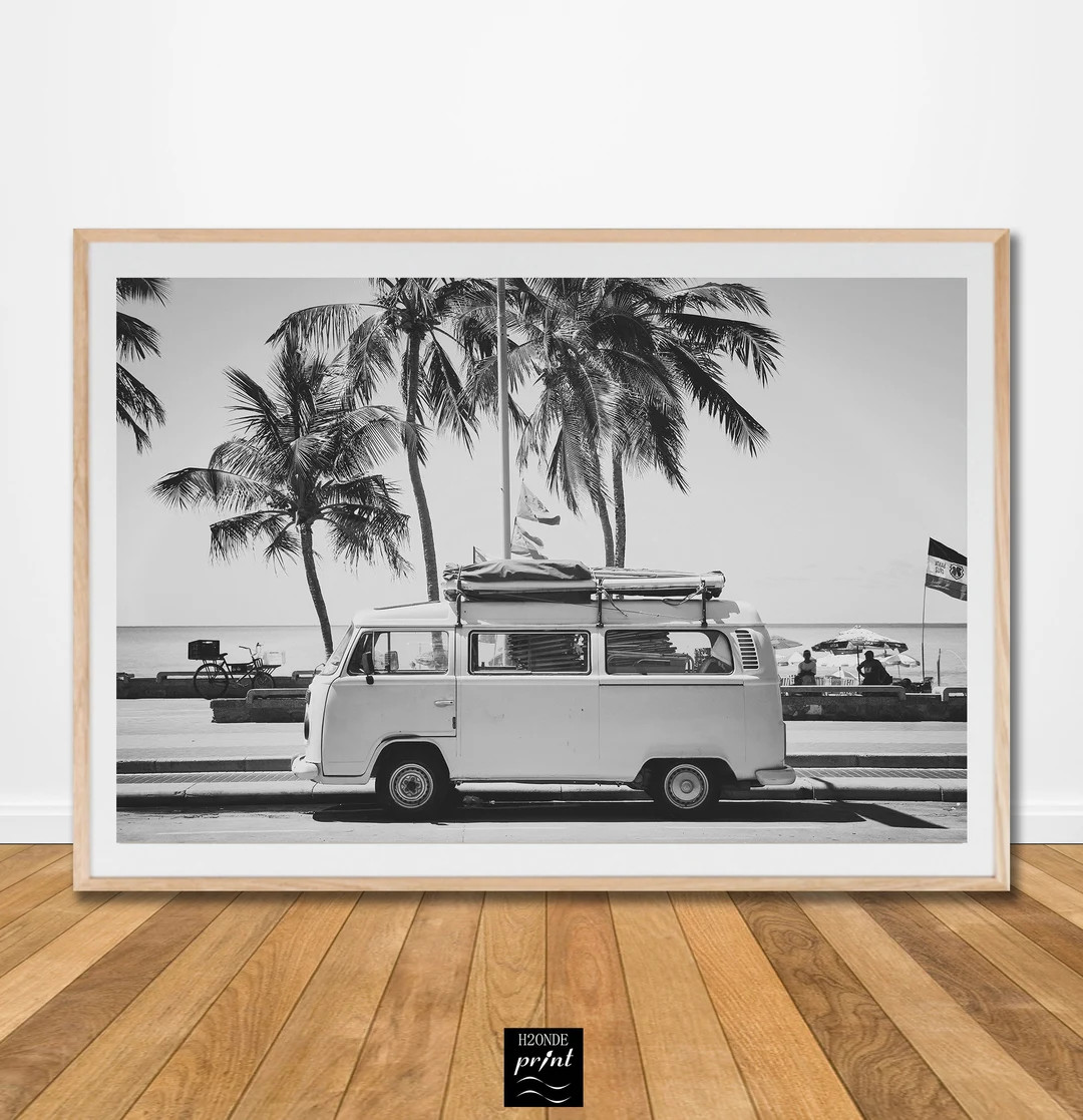 Surfer Retro Van Black and White Bus Vw Print Beach Surf Wall Art Poster Palm Tree Ocean Printabl... | Etsy (US)