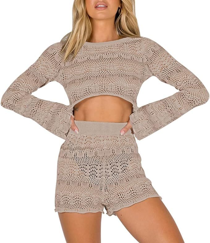 Linsery Women 2 Pieces Outfits Hollow Out Cropped Tops Crochet Shorts Beach Cover Up Sets | Amazon (US)