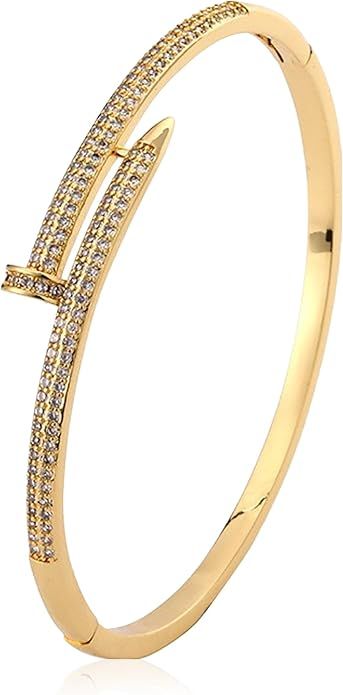 Gold Plating Cubic Zirconia Cuff Nail Bracelet fro Women Screwed Nail Crystal Bangle bracelets Fa... | Amazon (US)