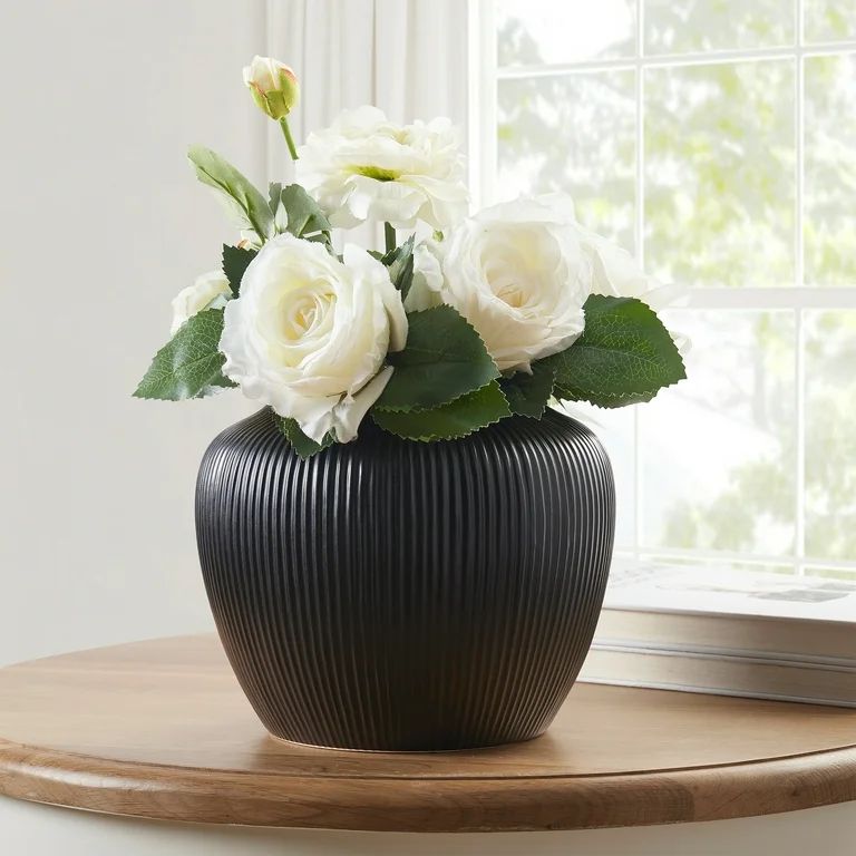 My Texas House 7" Black Textured Stripe Round Stoneware Vase | Walmart (US)