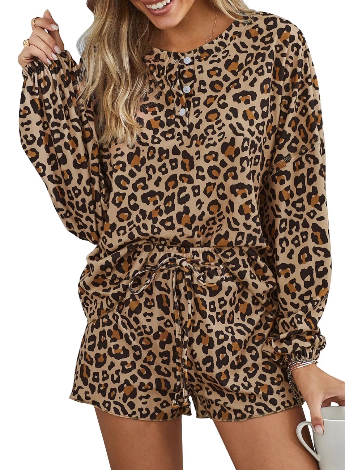 Dokotoo Womens Leopard Pajamas Set Two Piece Long Sleeve Sweatshirt with Shorts Loungewear Size L... | Walmart (US)