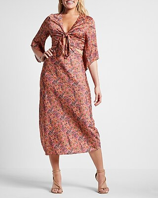 Conscious Edit Satin Printed Tie Front Midi Dress | Express