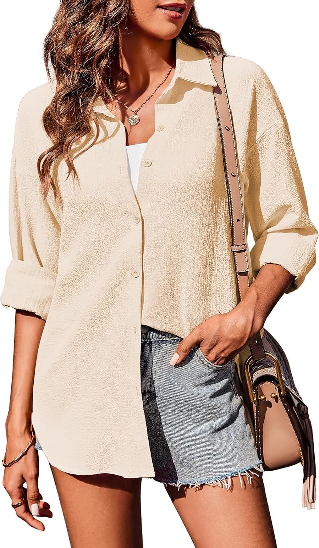 Zeagoo Women Button Down Shirts Long Sleeve Blouses Solid Casual Tops Work Blouse Top | Amazon (US)