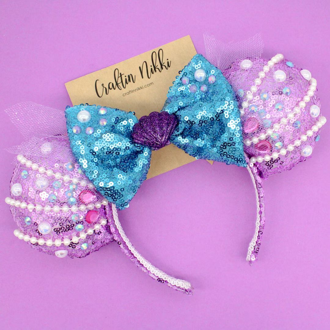 Purple Mermaid Princess Mouse Ears with White Pearls | Turquoise & Pink  Sequin and White Pearls ... | Etsy (US)