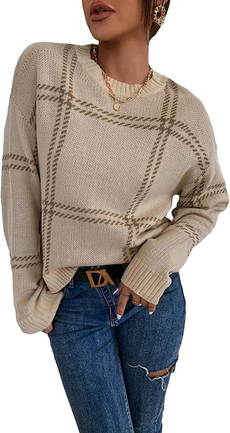 SOLY HUX Women's Knit Sweater Crew Neck Long Sleeve Plaid Pullover Tops Fall Clothes | Amazon (US)