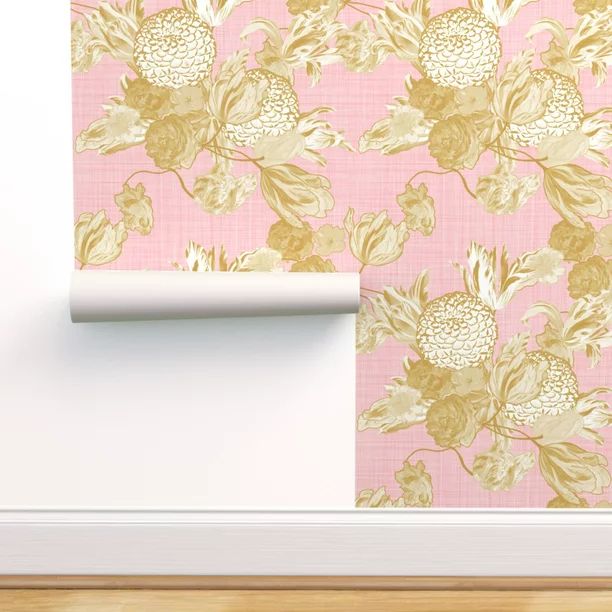 Peel & Stick Wallpaper 12ft x 2ft - Mid Century Vintage Floral Flowers Romantic Pink Gold Custom ... | Walmart (US)