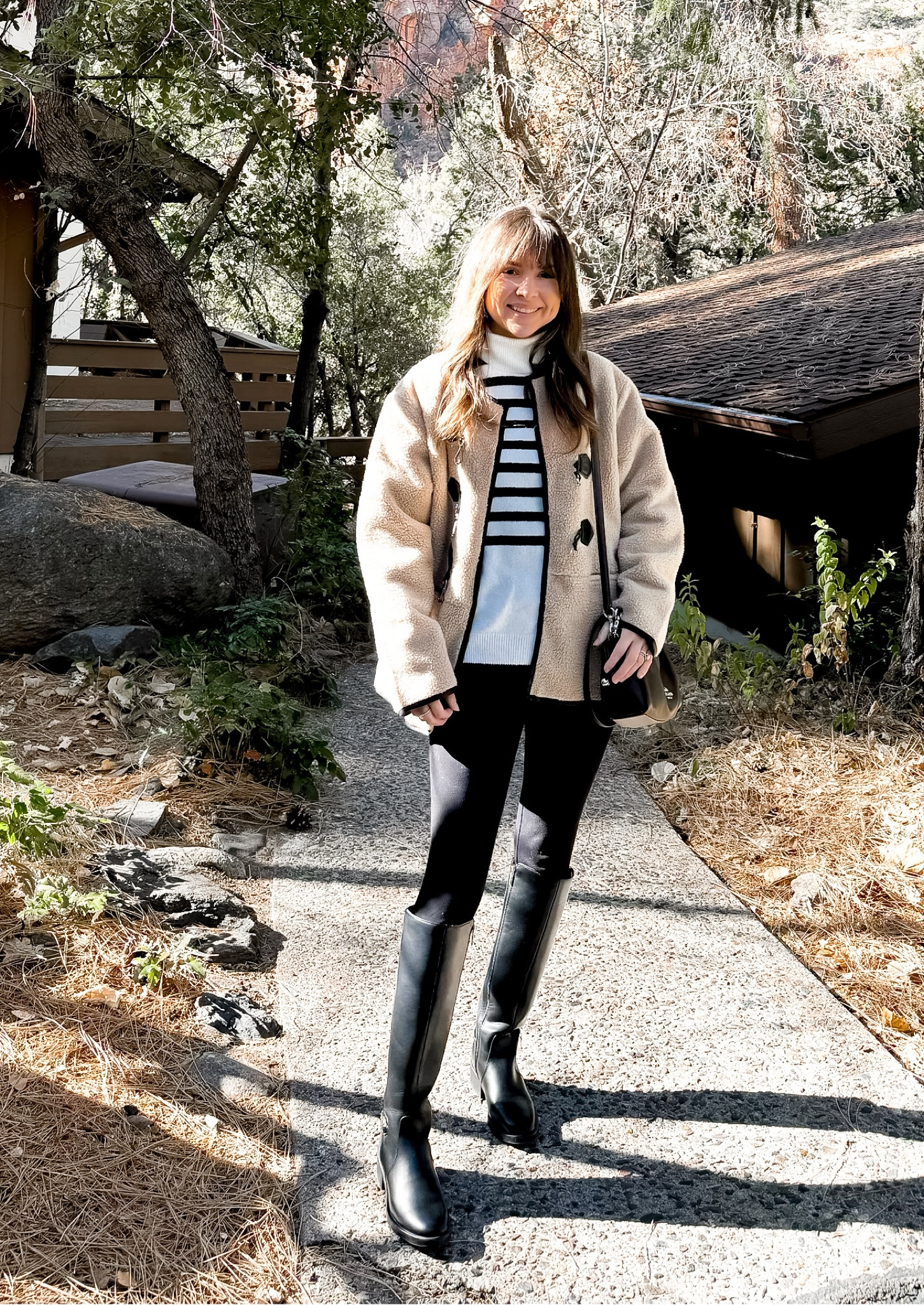 Amazon jacket 
Sweater xs 
Leggings xs 
Boots 5.5 
Brown bag 


#LTKSeasonal