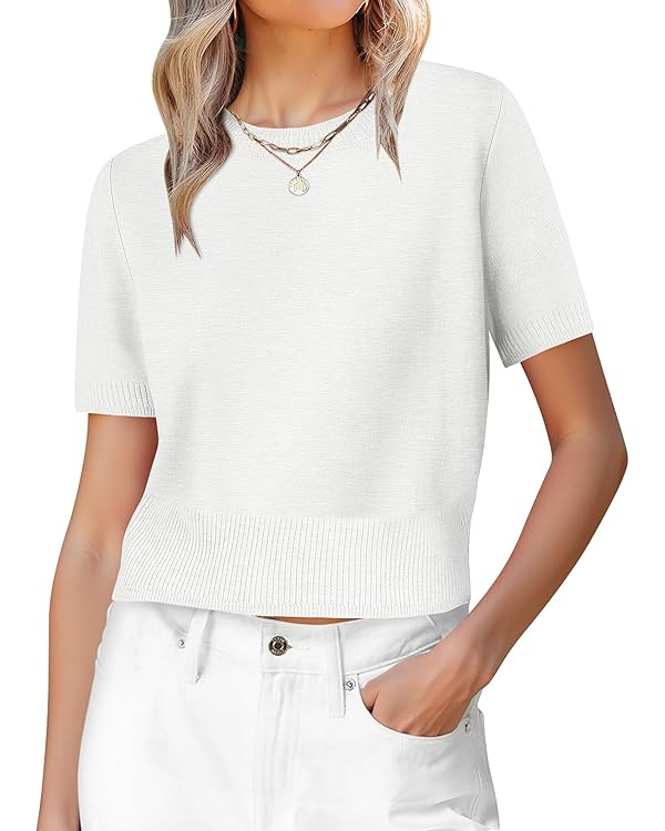 ANRABESS Womens Short Sleeve Sweaters Cropped Crew Neck Business Casual Lightweight Sweater Tops ... | Amazon (US)