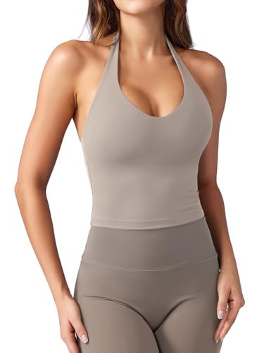 YEOREO Women's Halter Crop Top V Neck Workout Going Out Tank Top Hazel Padded Sleeveless Backless Trendy Summer Camisole Oat X-Small | Amazon (US)