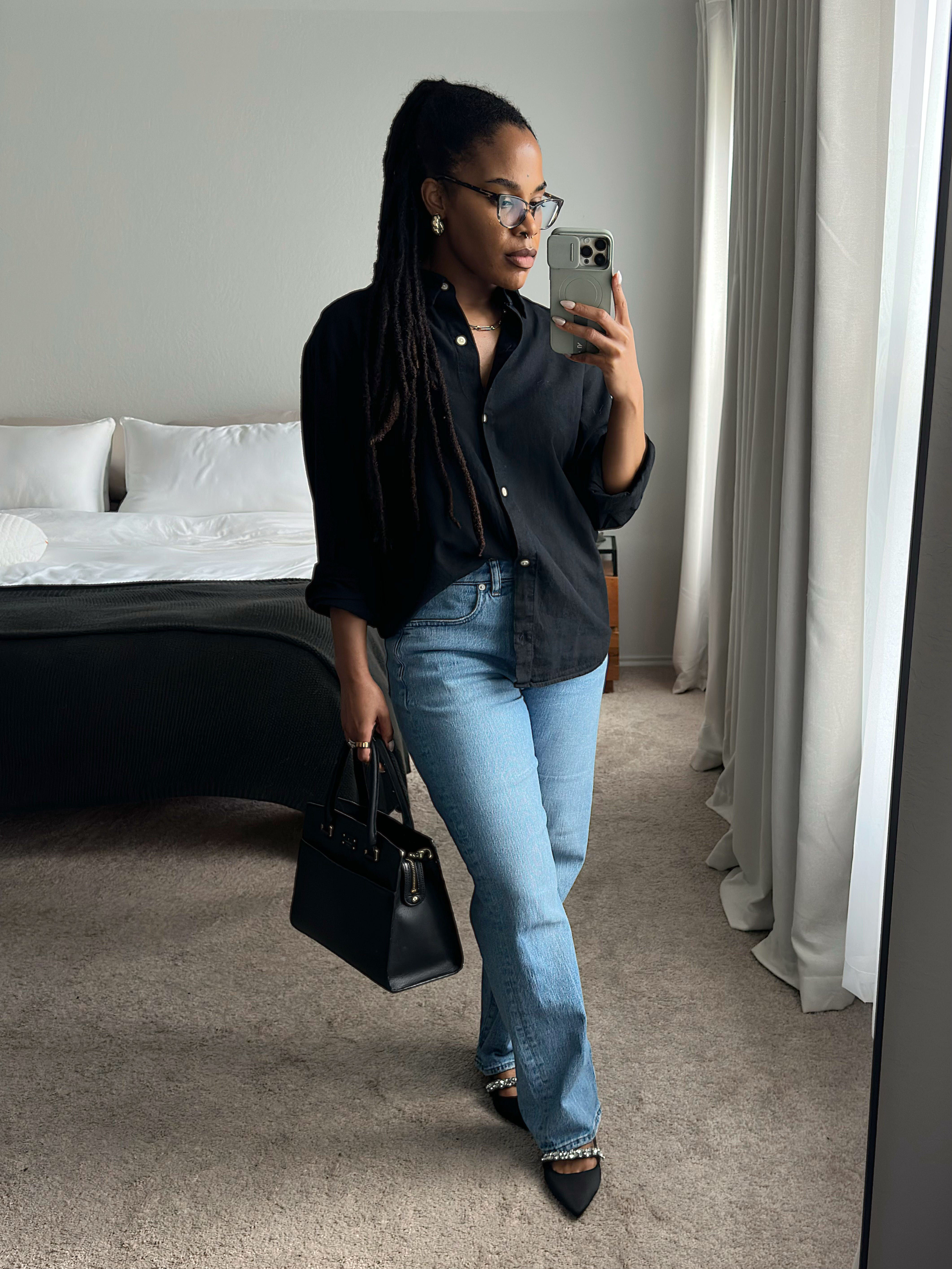 Oversized Black Linen Button Down + Sparkly Flats || spring outfits // spring outfit ideas // straight leg jeans // elevated casual outfits // casual classy outfits // spring style inspo // black linen top // jeweled flats

#LTKootd