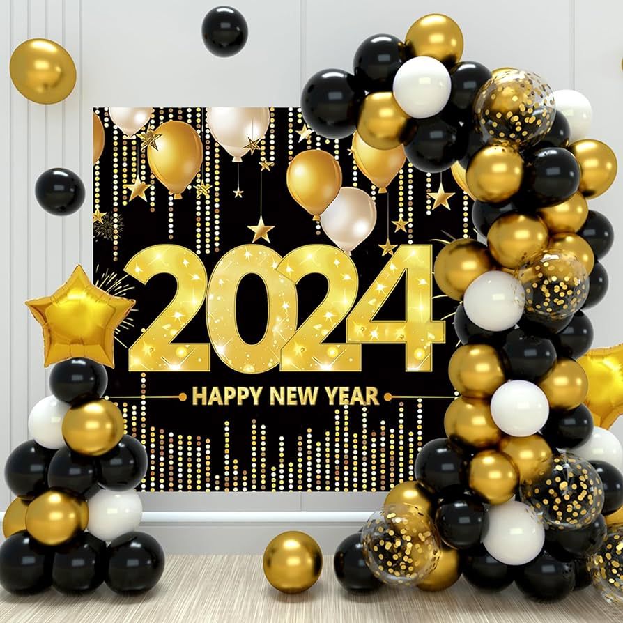Happy New Year Decorations 2024 - Happy New Year Banner Backdrop, 100 Pcs Black Gold Balloons Arc... | Amazon (US)