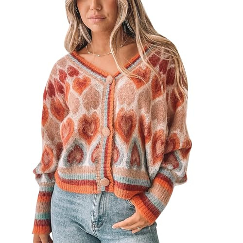 Women's Cute Sweater Cardigan Heart Print Y2K Button Open Front Cardigans V Neck Cropped Knitted ... | Amazon (US)