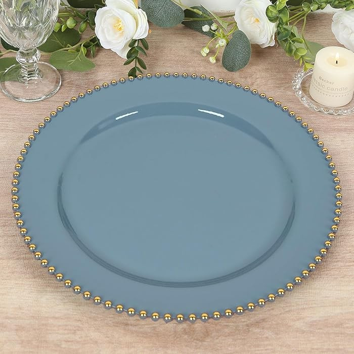 Efavormart 10-Pack Economy Plastic Charger Plates 13" Round Dusty Blue with Gold Beaded Rim - Sty... | Amazon (US)