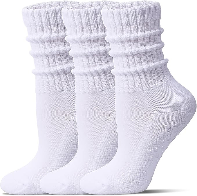 Pilates Socks for Women Mid Calf Slouch Yoga Socks with Non Slip Grippers for Barre Boot Sock 3 P... | Amazon (US)