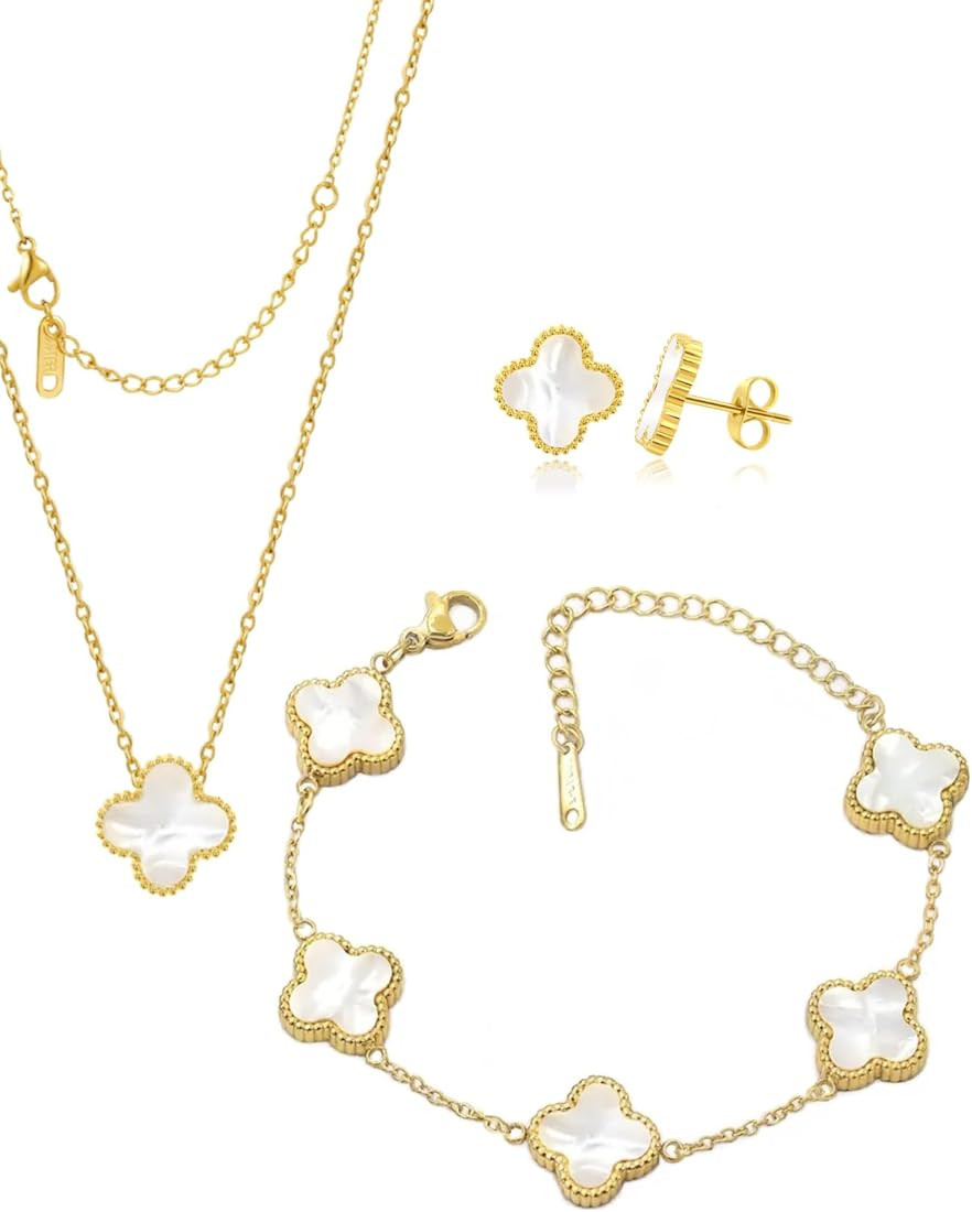 BLUEW 3 Pieces Four Leaf Lucky Clover Jewelry Set, Pendant Necklace, Earrings, Bracelet for Women... | Amazon (US)