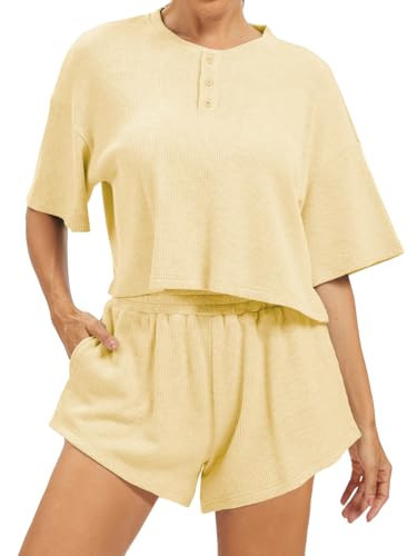 AnotherChill Women's Cropped Waffle Knit Lounge Set – Short Sleeve Henley Top and High Waisted Shorts 2 Piece Casual Outfit (Yellow, Small) | Amazon (US)