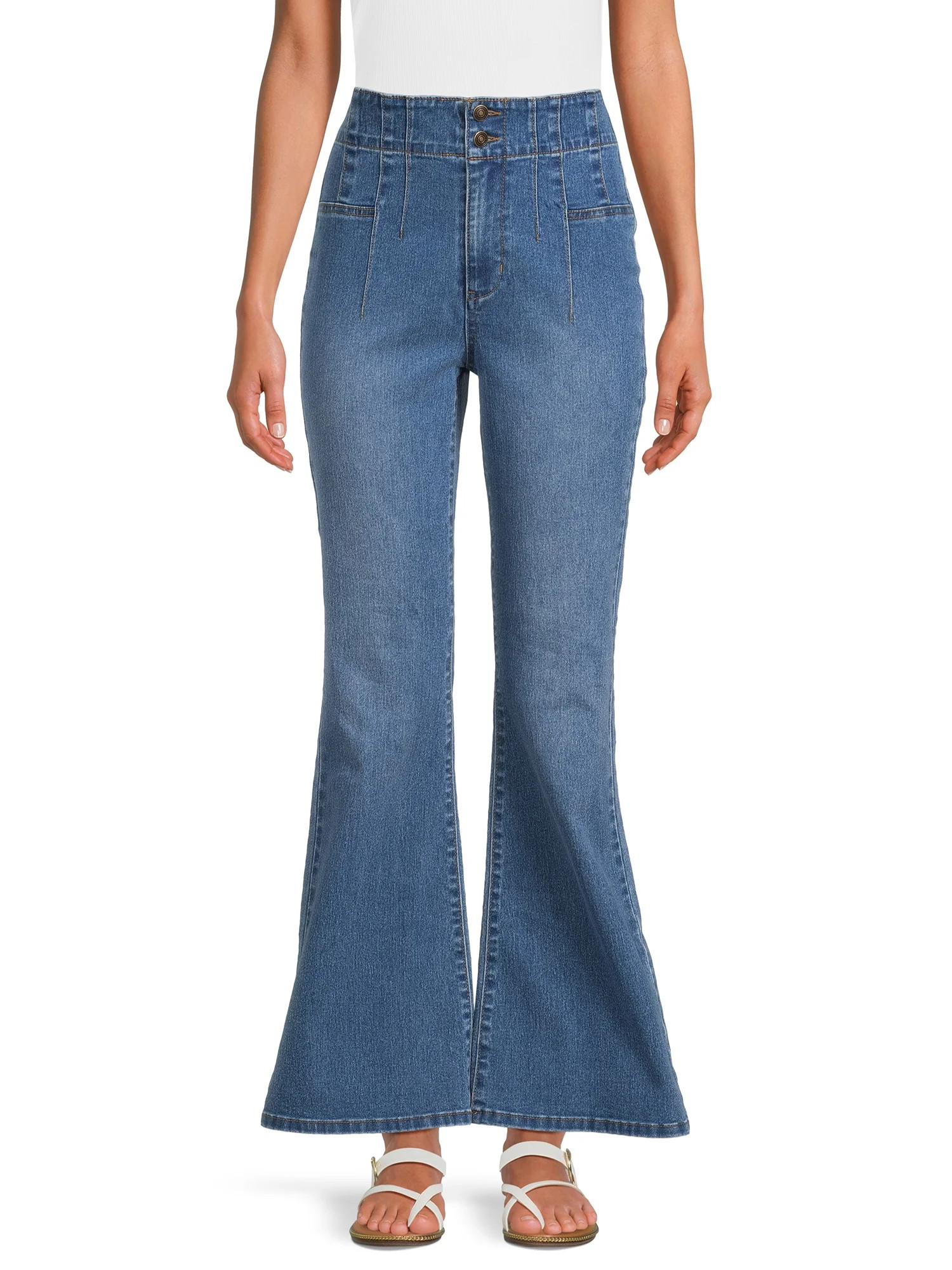 No Boundaries Juniors Pintuck Flare Jeans, 31” Inseam Regular, Sizes 1-21 - Walmart.com | Walmart (US)