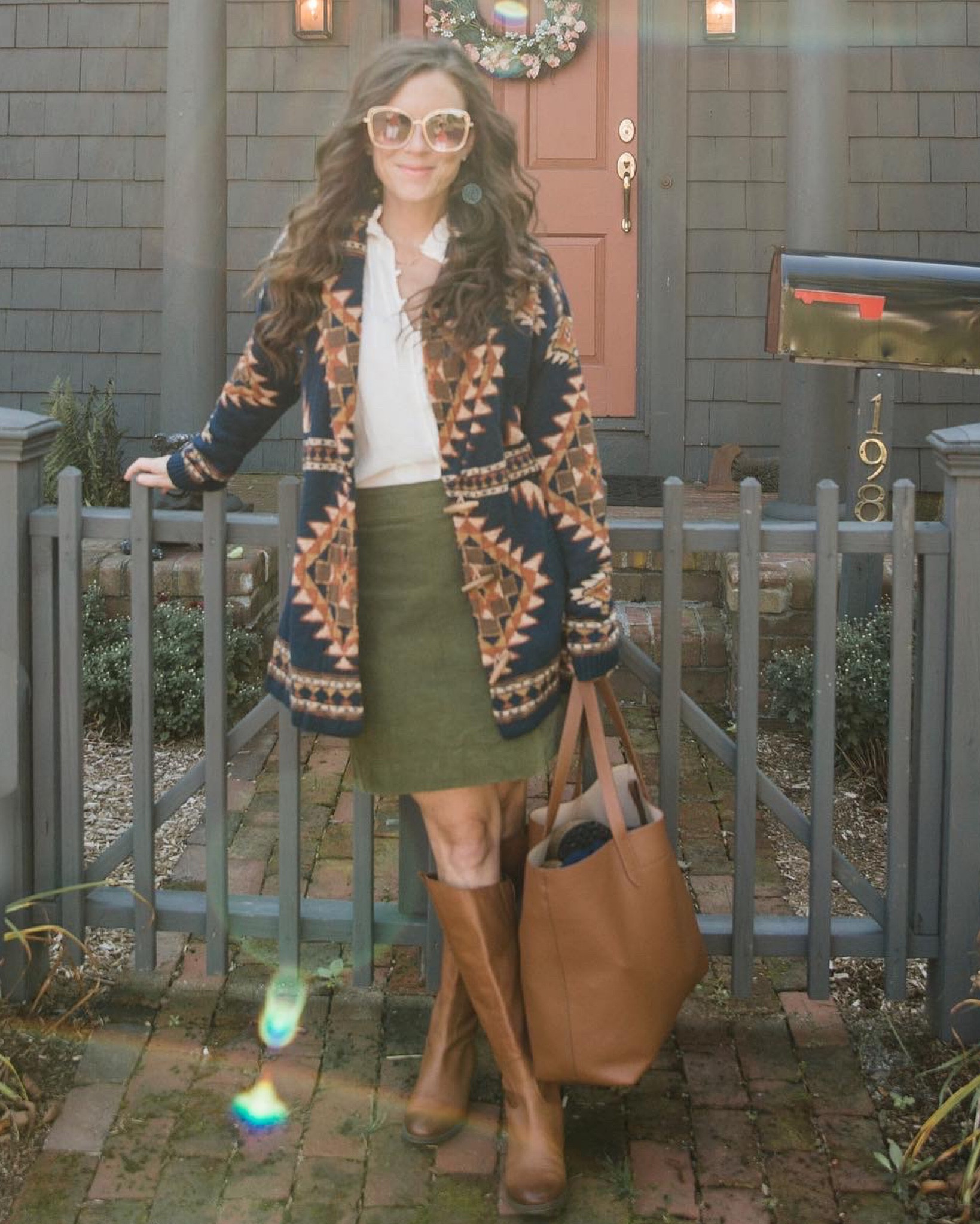 Classic fall outfit - lodge sweater cardigan with Faherty Dupe - corduroy skirt riding boots and white henley 

#LTKstyletip #LTKSeasonal