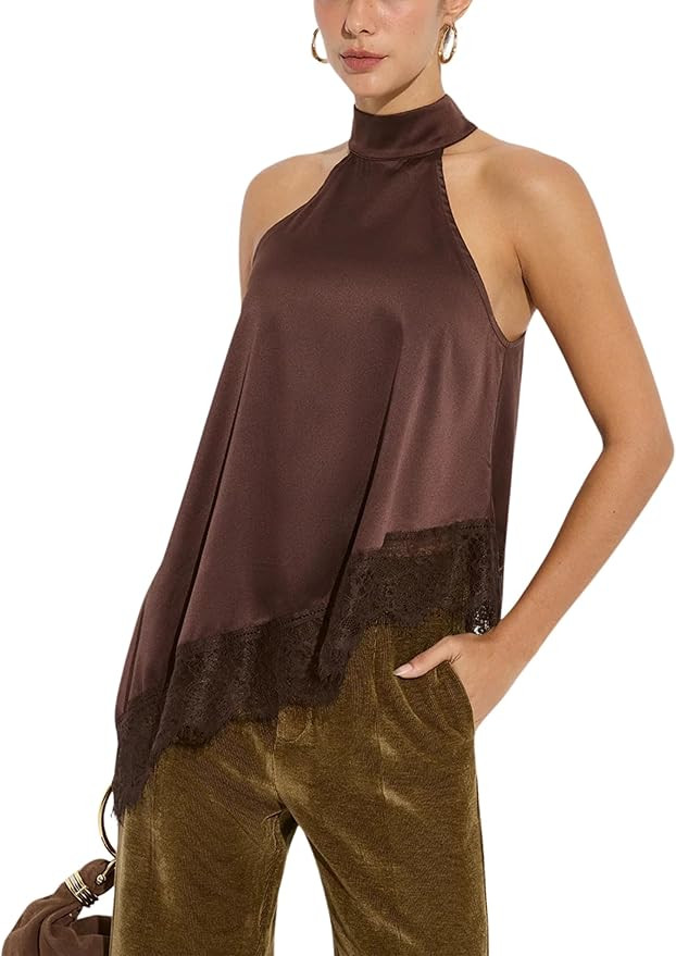 Dorwon Womens Satin High Neck Asymmetrical Long Top with Lace Hem Sleeveless Loose Fit Halter Top | Amazon (US)