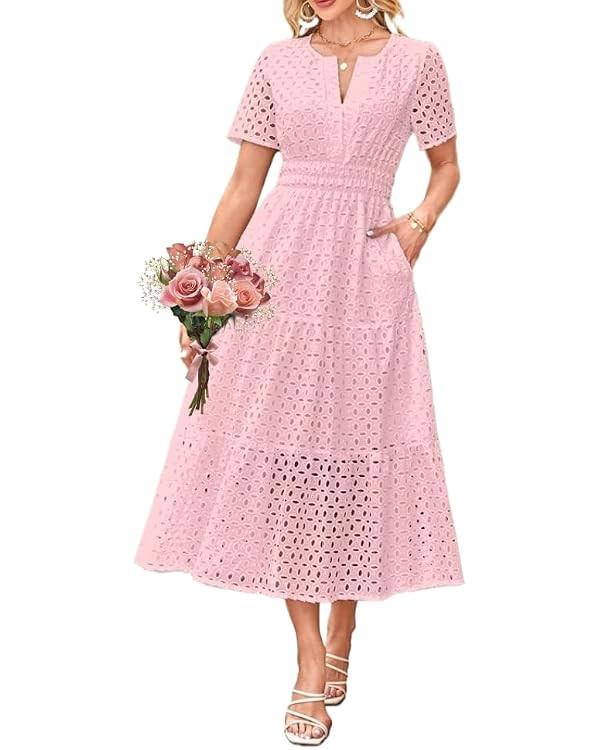 Eyelet Midi Dress for Women,Summer V Neck Maxi Dresses Eyelet Smocked Tiered A Line Flowy Long Dr... | Amazon (US)