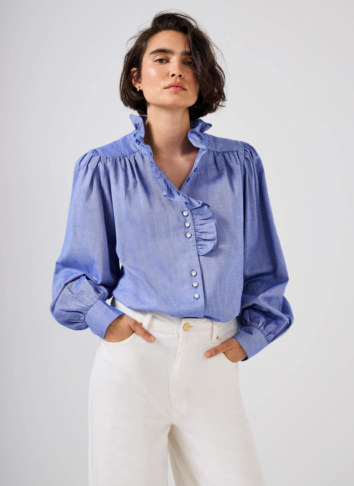 Blue Cotton Chambray Ruffle Blouse | Mint Velvet